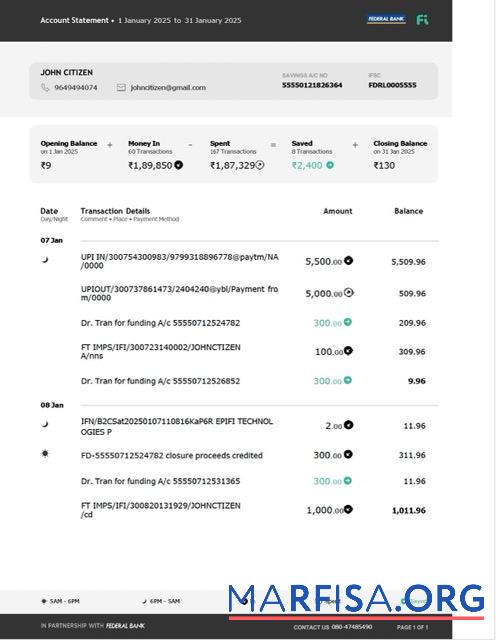 Downloadable India Federal bank account statement word version 3 download for verification